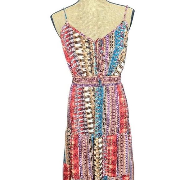 Boho Midi Sundress 1X Tiered Flowy Dress Smocked Adjustable Straps Tribal Print - Picture 3 of 14